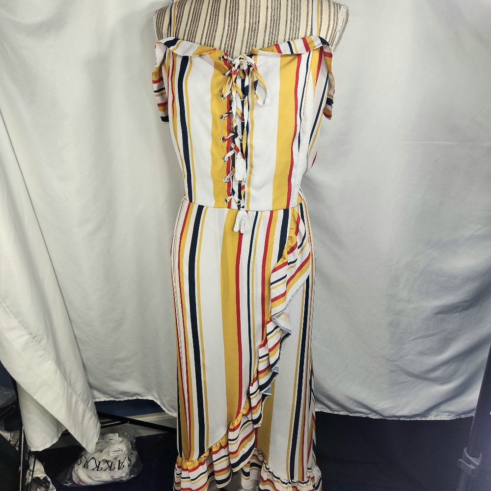 Fashion to Figure Multi Stripe Adjustable Strap Ruffle Maxi Dress Plus Size 2=2X